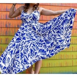 ALEXIS Blue White Halter Midi Dress Flowy Asymmetrical Summer Vacation XS